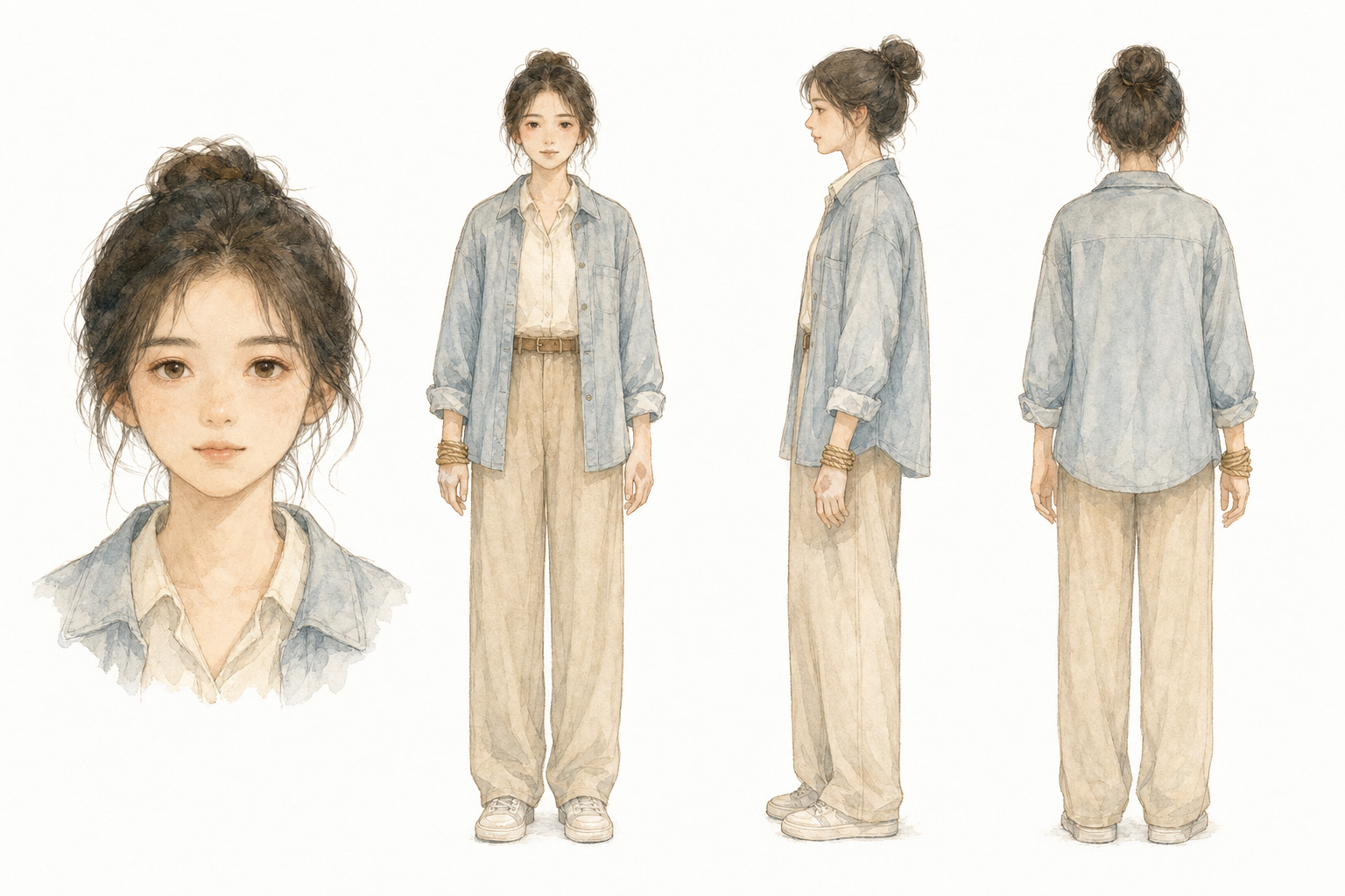 顾小满：右手虎口一点浅色烫疤的都市女性，四视图设定