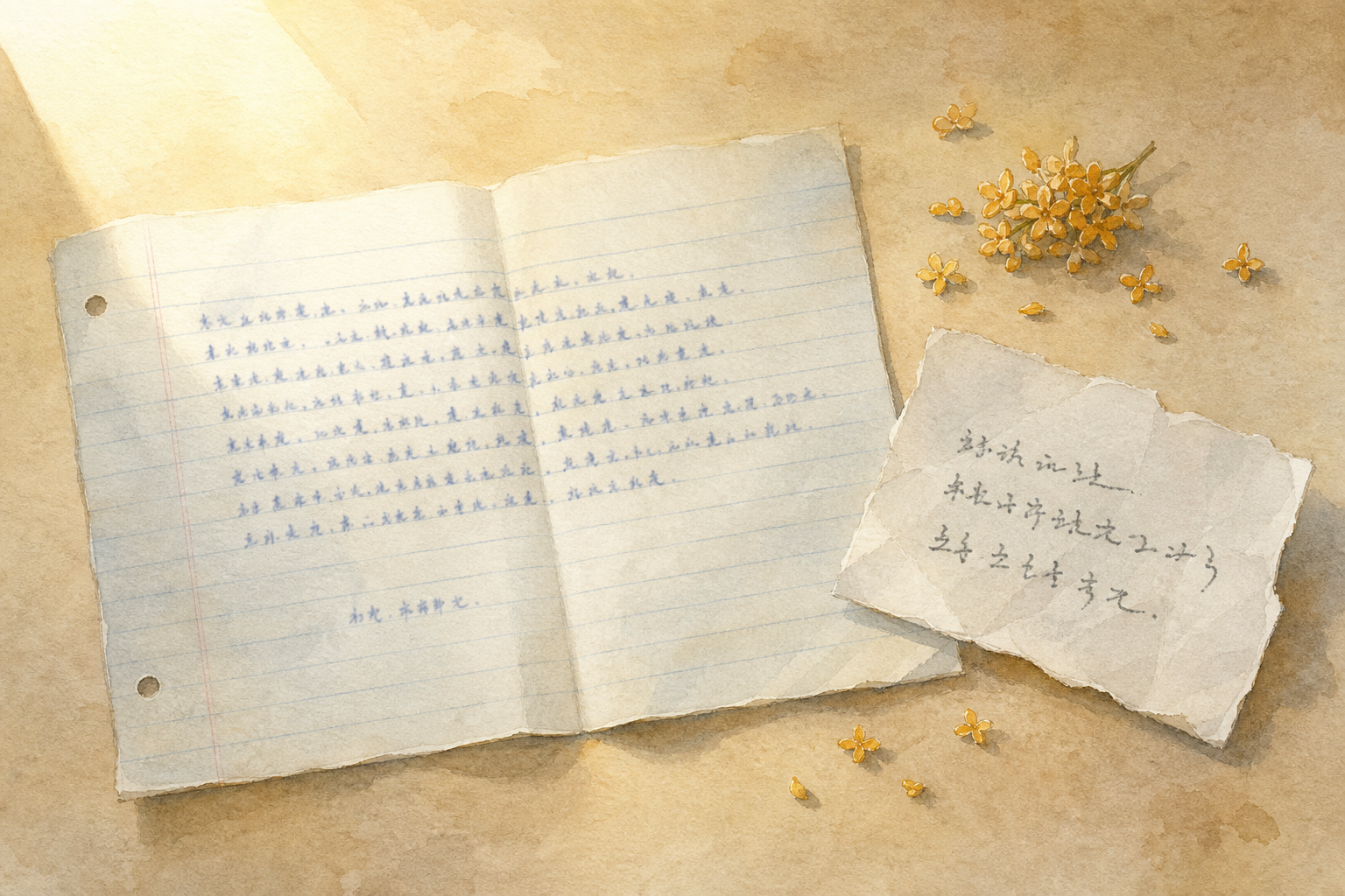 两种笔迹的信：横线信纸的代笔信身，旁边是歪扭亲笔地址的白纸条