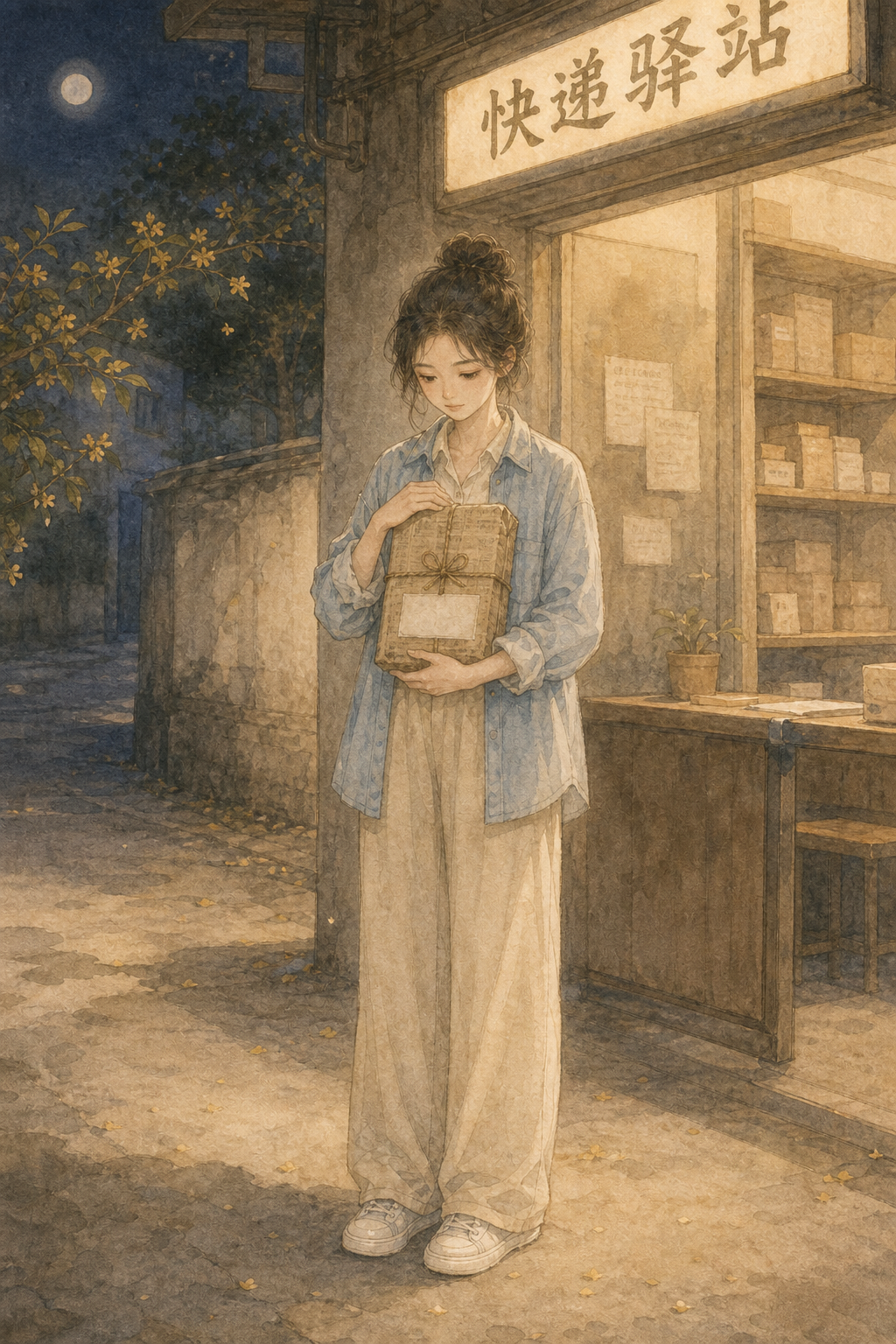 中秋夜快递驿站门口，小满攥着桂花包裹立在灯下